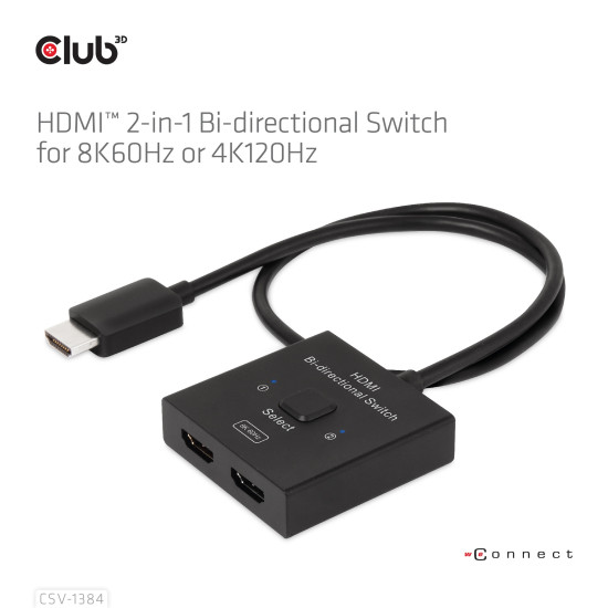 CLUB3D HDMI 2-in-1 Bi-directional Switch for 8K60Hz or 4K120Hz CLUB3D HDMI 2-in-1 Bi-directional Switch for 8K60Hz or 4K120Hz