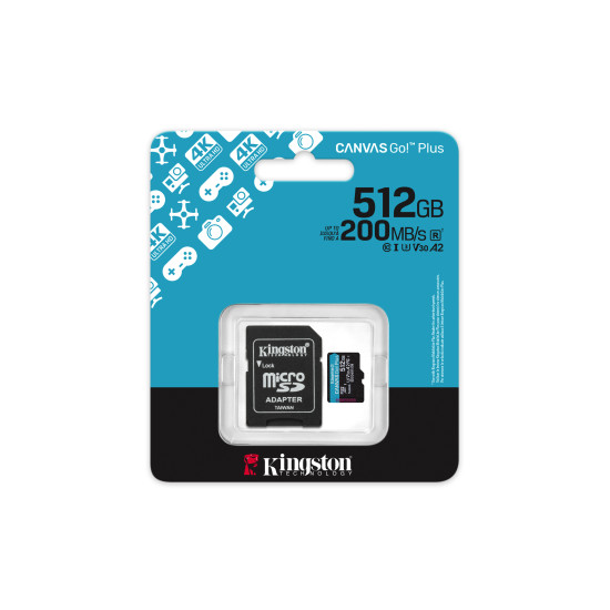 Kingston Technology 512GB microSDXC Canvas Go Plus Gen4 200MB/s A2 U3 V30 Card + Adapter Kingston Technology 512GB microSDXC Canvas Go Plus Gen4 200MB/s A2 U3 V30 Card + Adapter