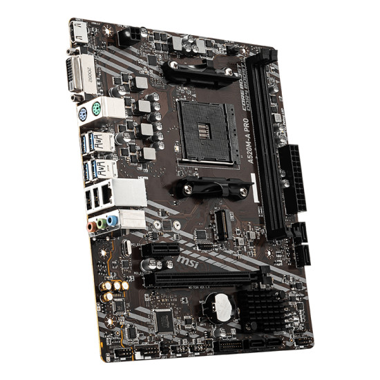 Mainboard|MSI|AMD A520|SAM4|MicroATX|1xPCI-Express 3.0 1x|1xPCI-Express 3.0 16x|1xM.2|Memory DDR4|Memory slots 2|1xDVI|1xHDMI|2xAudio-Out|2xUSB 2.0|4xUSB 3.2|1xRJ45|A520M-APRO Mainboard|MSI|AMD A520|SAM4|MicroATX|1xPCI-Express 3.0 1x|1xPCI-Express 3.0 16x|1xM.2|Memory DDR4|Memory slots 2|1xDVI|1xHDMI|2xAudio-Out|2xUSB 2.0|4xUSB 3.2|1xRJ45|A520M-APRO