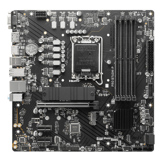 Mainboard|MSI|Intel B760 Express|LGA1700|Micro-ATX|Memory DDR5|Memory slots 4|2xPCI-Express 1x|1xPCI-Express 16x|2xM.2|1x15pin D-sub|1xHDMI|1xDisplayPort|4xUSB 2.0|1xUSB 3.2|1xUSB-C|2xPS/2|1xRJ45|3xAudio port|PROB760M-P