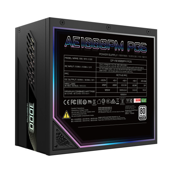 GIGABYTE AORUS ELITE P1000W ICE Power Supply Unit - PCIe 5.0, 80 PLUS Platinum, Fully modular design, 120mm Fan, ATX 3.0 compatible, EU Plug GIGABYTE AORUS ELITE P1000W ICE Power Supply Unit - PCIe 5.0, 80 PLUS Platinum, Fully modular design, 120mm Fan, ATX 3.0 compatible, EU Plug