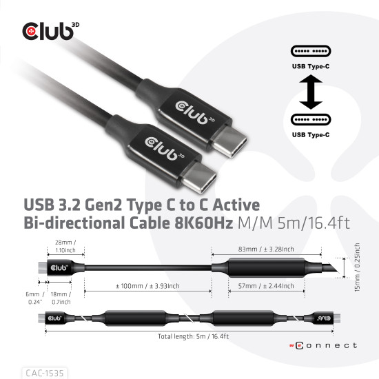 CLUB3D USB 3.2 Gen2 Type C to C Active Bi-directional Cable 8K60Hz M/M 5m/16.4ft CLUB3D USB 3.2 Gen2 Type C to C Active Bi-directional Cable 8K60Hz M/M 5m/16.4ft