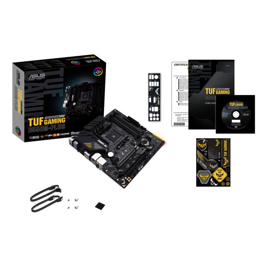 Mainboard|ASUS|AMD B550|SAM4|MicroATX|1xPCI-Express 3.0 1x|1xPCI-Express 3.0 16x|2xM.2|1xPCI-Express 4.0 16x|Memory DDR4|Memory slots 4|1xHDMI|1xDisplayPort|2xUSB 2.0|1xUSB type C|5xUSB 3.2|1xPS/2|1xOptical S/PDIF|1xRJ45|5xAudio port|TUFGAMINGB550M-PLUS Mainboard|ASUS|AMD B550|SAM4|MicroATX|1xPCI-Express 3.0 1x|1xPCI-Express 3.0 16x|2xM.2|1xPCI-Express 4.0 16x|Memory DDR4|Memory slots 4|1xHDMI|1xDisplayPort|2xUSB 2.0|1xUSB type C|5xUSB 3.2|1xPS/2|1xOptical S/PDIF|1xRJ45|5xAudio port|TUFGAMINGB550M-PLUS