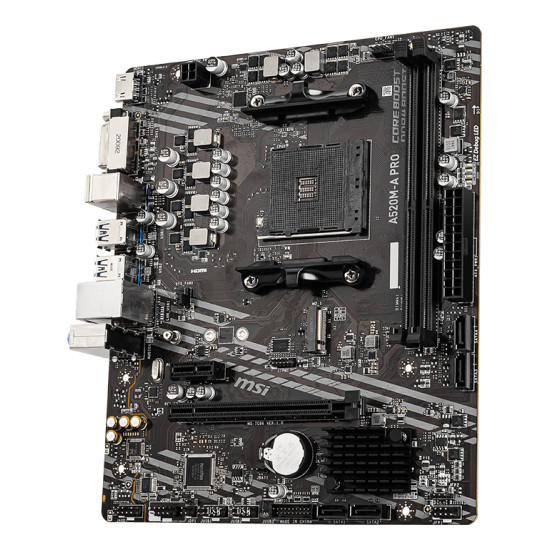 Mainboard|MSI|AMD A520|SAM4|MicroATX|1xPCI-Express 3.0 1x|1xPCI-Express 3.0 16x|1xM.2|Memory DDR4|Memory slots 2|1xDVI|1xHDMI|2xAudio-Out|2xUSB 2.0|4xUSB 3.2|1xRJ45|A520M-APRO Mainboard|MSI|AMD A520|SAM4|MicroATX|1xPCI-Express 3.0 1x|1xPCI-Express 3.0 16x|1xM.2|Memory DDR4|Memory slots 2|1xDVI|1xHDMI|2xAudio-Out|2xUSB 2.0|4xUSB 3.2|1xRJ45|A520M-APRO