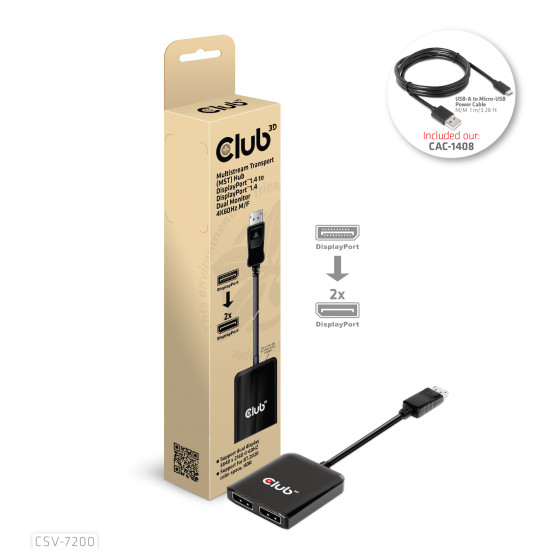 CLUB3D Multistream Transport (MST) Hub DisplayPort™1.4 to DisplayPort™1.4 Dual Monitor 4K60Hz M/F CLUB3D Multistream Transport (MST) Hub DisplayPort™1.4 to DisplayPort™1.4 Dual Monitor 4K60Hz M/F
