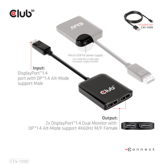 CLUB3D Multistream Transport (MST) Hub DisplayPort™1.4 to DisplayPort™1.4 Dual Monitor 4K60Hz M/F CLUB3D Multistream Transport (MST) Hub DisplayPort™1.4 to DisplayPort™1.4 Dual Monitor 4K60Hz M/F