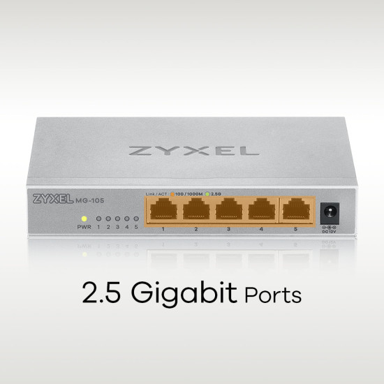 Zyxel MG-105 Unmanaged 2.5G Ethernet (100/1000/2500) Steel Zyxel MG-105 Unmanaged 2.5G Ethernet (100/1000/2500) Steel