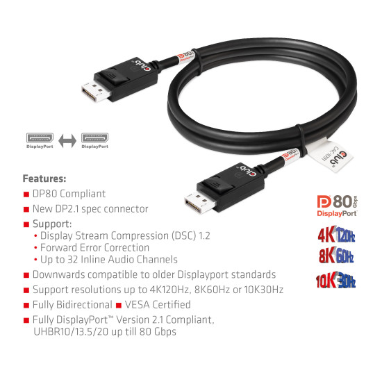 CLUB3D DisplayPort 2.1 Bi-Directional VESA DP80 Certified Cable 4K240Hz, 8K60Hz or 10K30Hz M/M 1.2m/3.94ft CLUB3D DisplayPort 2.1 Bi-Directional VESA DP80 Certified Cable 4K240Hz, 8K60Hz or 10K30Hz M/M 1.2m/3.94ft