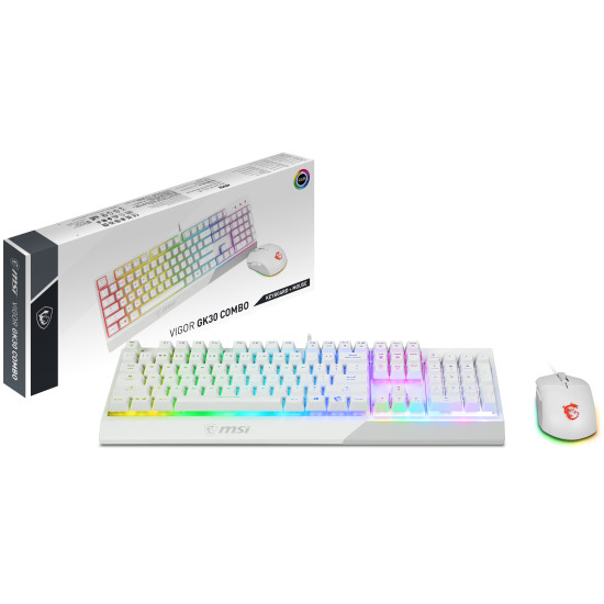 MSI VIGOR GK30 COMBO WHITE MEMchanical Gaming Keyboard + Gaming Mouse Bundle 'UK Layout, 6-Zone RGB Lighting Keyboard, Dual-Zone RGB Lighting Mouse, 5000 DPI Optical Sensor, MSI Center' MSI VIGOR GK30 COMBO WHITE MEMchanical Gaming Keyboard + Gaming Mouse Bundle 'UK Layout, 6-Zone RGB Lighting Keyboard, Dual-Zone RGB Lighting Mouse, 5000 DPI Optical Sensor, MSI Center'