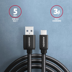 Axagon Data and charging USB 3.2 Gen 1 cable lengh 1 m. 3A. Black braided.