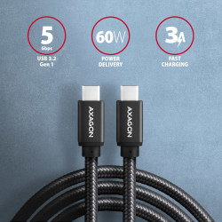 Axagon Data and charging USB 3.2 Gen 1 cable length 1 m. PD 60W, 3A. Black braided.