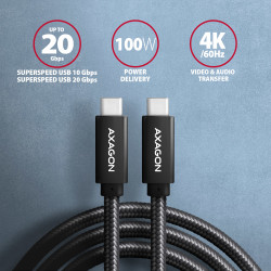 Axagon Data and charging USB 3.2 Gen 2 cable lengh 2 m. PD 100W, 5A, 4K HD video. Black braided.