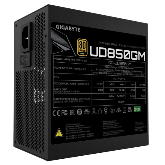 Power Supply|GIGABYTE|GP-UD850GM|850 Watts|Efficiency 80 PLUS GOLD|PFC Active|MTBF 100000 hours|GP-UD850GM