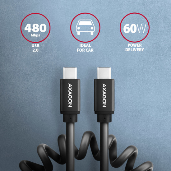 Axagon Data and charging USB 2.0 cable lengh 0.6 m. PD 60W, 3A. Black twisted. Axagon Data and charging USB 2.0 cable lengh 0.6 m. PD 60W, 3A. Black twisted.