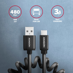 Axagon Data and charging USB 2.0 cable length 1.1 m. 3A. Black twisted.