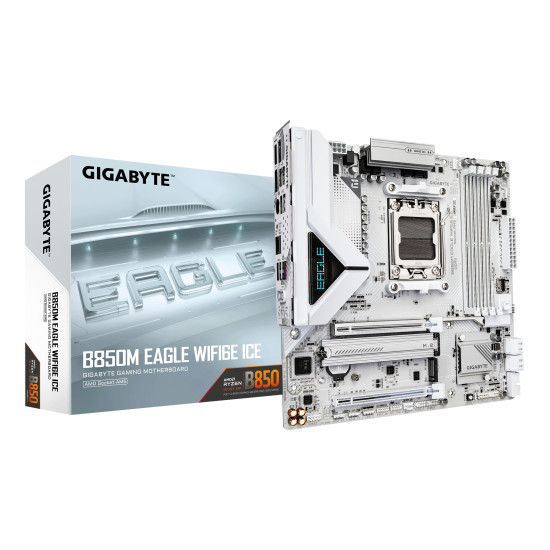 B850M EAGLE WIFI6E ICE Motherboard - AMD Ryzen 9000 Series CPUs, 8+2+2 Phases Digital VRM, up to 8200MHz DDR5 (OC), 1xPCIe 5.0 + 1xPCIe 4.0 M.2, Wi-Fi 6E, 2.5 GbE LAN, USB 3.2 Gen 2 B850M EAGLE WIFI6E ICE Motherboard - AMD Ryzen 9000 Series CPUs, 8+2+2 Phases Digital VRM, up to 8200MHz DDR5 (OC), 1xPCIe 5.0 + 1xPCIe 4.0 M.2, Wi-Fi 6E, 2.5 GbE LAN, USB 3.2 Gen 2