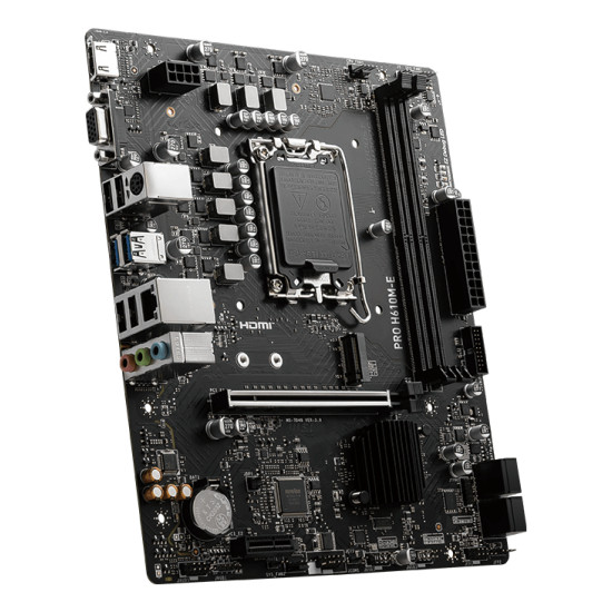 Mainboard|MSI|Intel H610|LGA1700|Micro-ATX|Memory DDR5|Memory slots 2|1xPCI-Express 1x|1xPCI-Express 16x|1xM.2|1x15pin D-sub|1xHDMI|4xUSB 2.0|2xUSB 3.2|1xPS/2|1xRJ45|3xAudio port|PROH610M-E