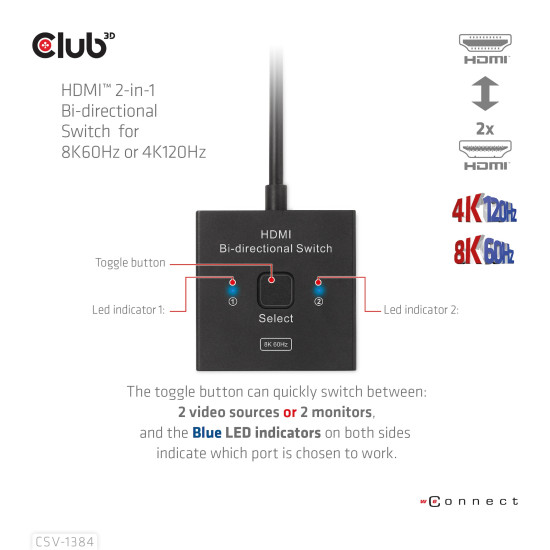 CLUB3D HDMI 2-in-1 Bi-directional Switch for 8K60Hz or 4K120Hz CLUB3D HDMI 2-in-1 Bi-directional Switch for 8K60Hz or 4K120Hz