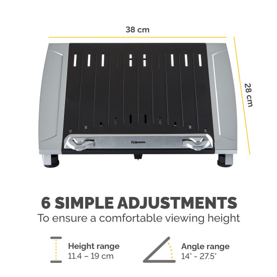 Fellowes Laptop Stand for Desk - Office Suites Plus Adjustable Laptop Stand for the Home and Office - Laptop Riser with 5 Height Adjustments - Max Monitor Size 17", Max Weight 5KG - Black/Silver Fellowes Laptop Stand for Desk - Office Suites Plus Adjustable Laptop Stand for the Home and Office - Laptop Riser with 5 Height Adjustments - Max Monitor Size 17", Max Weight 5KG - Black/Silver