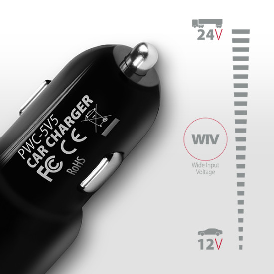 PWC-5V5 SMART Car charger 24W, 2x USB-A port, 5V/2.4A + 5V/2.4A