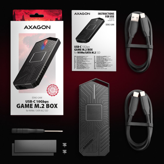 Axagon EEM2-GAM, USB-C 10Gbps - NVMe & SATA SSD GAME M.2 box, bezšroubkový SSD enclosure Black Axagon EEM2-GAM, USB-C 10Gbps - NVMe & SATA SSD GAME M.2 box, bezšroubkový SSD enclosure Black