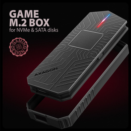 Axagon EEM2-GAM, USB-C 10Gbps - NVMe & SATA SSD GAME M.2 box, bezšroubkový SSD enclosure Black Axagon EEM2-GAM, USB-C 10Gbps - NVMe & SATA SSD GAME M.2 box, bezšroubkový SSD enclosure Black
