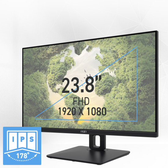 MSI PRO MP245PG 24 Inch Monitor, FHD (1920 x 1080), 100Hz, IPS, 1ms, 1x HDMI 1.4b, 1x DP 1.2a output, 1x D-Sub(VGA), Built-in Speakers, Anti-Glare, Anti-Flicker, Less Blue light, TÜV Certified, VESA, Kensington, 4-way adjustable stand, Black