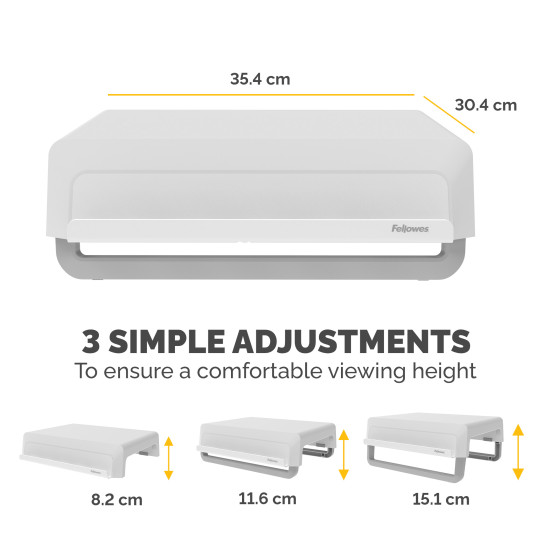Fellowes Computer Monitor Stand with 3 Height Adjustments - Breyta Monitor Riser with Cable Management - Ergonomic Adjustable Monitor Stand for Computers - Max Weight 15KG - White Fellowes Computer Monitor Stand with 3 Height Adjustments - Breyta Monitor Riser with Cable Management - Ergonomic Adjustable Monitor Stand for Computers - Max Weight 15KG - White