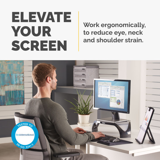 Fellowes Computer Monitor Stand with 3 Height Adjustments - Smart Suites Monitor Riser - Ergonomic Adjustable Monitor Stand for Computers - Max Weight 10KG/Max Size 21" - Black Fellowes Computer Monitor Stand with 3 Height Adjustments - Smart Suites Monitor Riser - Ergonomic Adjustable Monitor Stand for Computers - Max Weight 10KG/Max Size 21" - Black