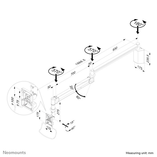 Neomounts FPMA-HAW100 Medical monitor arm wall 10-24" - h 0-170 cm - gas spring Neomounts FPMA-HAW100 Medical monitor arm wall 10-24" - h 0-170 cm - gas spring