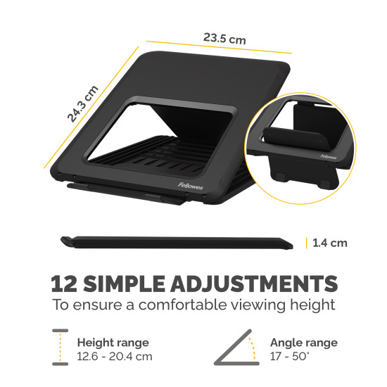 Fellowes Laptop Stand for Desk - Breyta Adjustable Laptop Riser for Home and Office - Portable Laptop Stand with 12 Height Adjustments - Max Laptop Size 14", Max Weight 4KG - Black Fellowes Laptop Stand for Desk - Breyta Adjustable Laptop Riser for Home and Office - Portable Laptop Stand with 12 Height Adjustments - Max Laptop Size 14", Max Weight 4KG - Black
