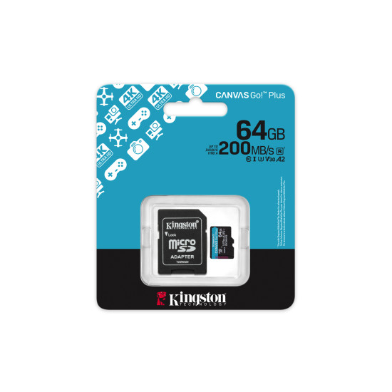 Kingston 64GB microSDXC Canvas Go Plus Gen4 200MB/s A2 U3 V30 Card + Adapter Kingston 64GB microSDXC Canvas Go Plus Gen4 200MB/s A2 U3 V30 Card + Adapter