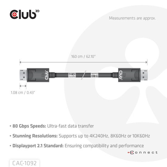 DisplayPort™ 2.1 Bi-Directional VESA DP80 Certified Cable 4K240Hz, 8K60Hz or 10K60Hz M/M 1.6m/5.25ft DisplayPort™ 2.1 Bi-Directional VESA DP80 Certified Cable 4K240Hz, 8K60Hz or 10K60Hz M/M 1.6m/5.25ft