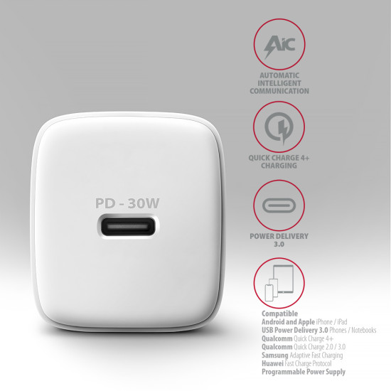 MOBILE CHARGER WALL USB-C 30W/1PORT WHITE ACU-PD30W AXAGON MOBILE CHARGER WALL USB-C 30W/1PORT WHITE ACU-PD30W AXAGON