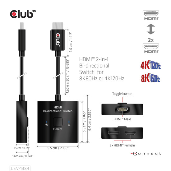 CLUB3D HDMI 2-in-1 Bi-directional Switch for 8K60Hz or 4K120Hz CLUB3D HDMI 2-in-1 Bi-directional Switch for 8K60Hz or 4K120Hz