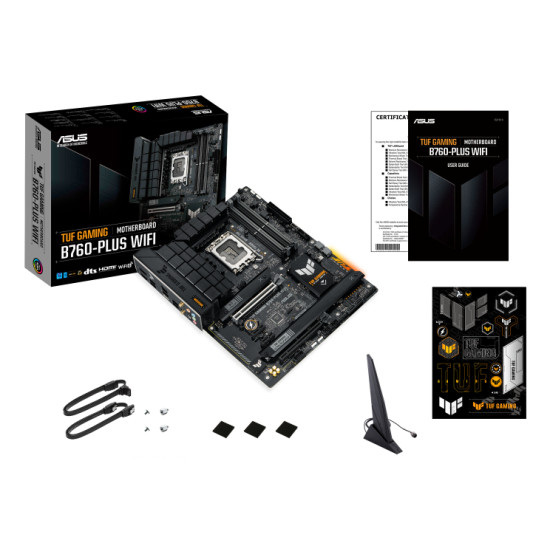 Mainboard|ASUS|Intel B760 Express|LGA1700|ATX|Memory DDR5|Memory slots 4|2xPCI-Express 3.0 1x|1xPCI-Express 3.0 16x|1xPCI-Express 5.0 16x|3xM.2|1xHDMI|1xDisplayPort|1xUSB 2.0|4xUSB 3.2|1xUSB-C|1xOptical S/PDIF|1xRJ45|5xAudio port|TUFGAMINGB760-PLUSWIFI Mainboard|ASUS|Intel B760 Express|LGA1700|ATX|Memory DDR5|Memory slots 4|2xPCI-Express 3.0 1x|1xPCI-Express 3.0 16x|1xPCI-Express 5.0 16x|3xM.2|1xHDMI|1xDisplayPort|1xUSB 2.0|4xUSB 3.2|1xUSB-C|1xOptical S/PDIF|1xRJ45|5xAudio port|TUFGAMINGB760-PLUSWIFI