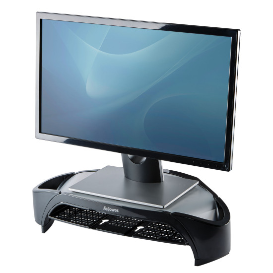 Fellowes Computer Monitor Stand with 3 Height Adjustments - Smart Suites Monitor Riser Plus with Storage Area - Ergonomic Adjustable Monitor Stand for Computers - Max Weight 10KG/Max Size 21" - Black Fellowes Computer Monitor Stand with 3 Height Adjustments - Smart Suites Monitor Riser Plus with Storage Area - Ergonomic Adjustable Monitor Stand for Computers - Max Weight 10KG/Max Size 21" - Black