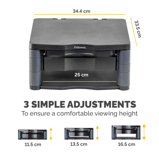 Fellowes Computer Monitor Stand with 3 Height Adjustments - Premium Monitor Riser Plus with Cable Management - Ergonomic Adjustable Monitor Stand for Computers - Max Weight 36KG/Max Size 21" - Graphite Fellowes Computer Monitor Stand with 3 Height Adjustments - Premium Monitor Riser Plus with Cable Management - Ergonomic Adjustable Monitor Stand for Computers - Max Weight 36KG/Max Size 21" - Graphite