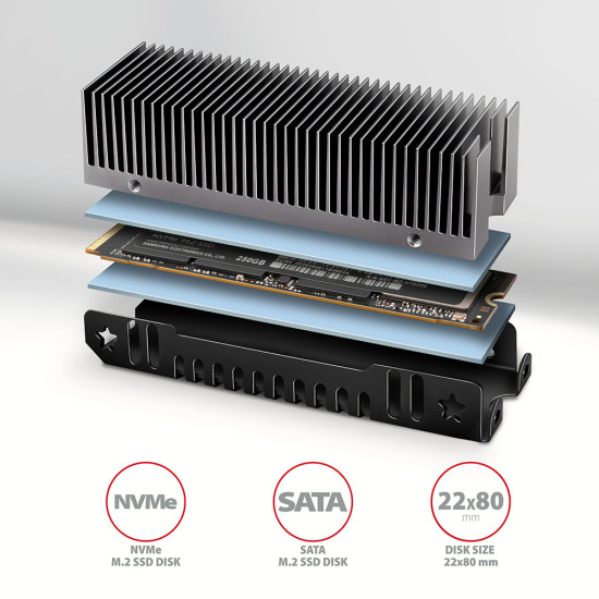 Axagon CLR-M2XT M.2 SSD Passivkühler Aluminium - 2280 M.2 NVMe SSD, Solid-state drive Heatsink/Radiator Black, Grey 1 pc(s) Axagon CLR-M2XT M.2 SSD Passivkühler Aluminium - 2280 M.2 NVMe SSD, Solid-state drive Heatsink/Radiator Black, Grey 1 pc(s)