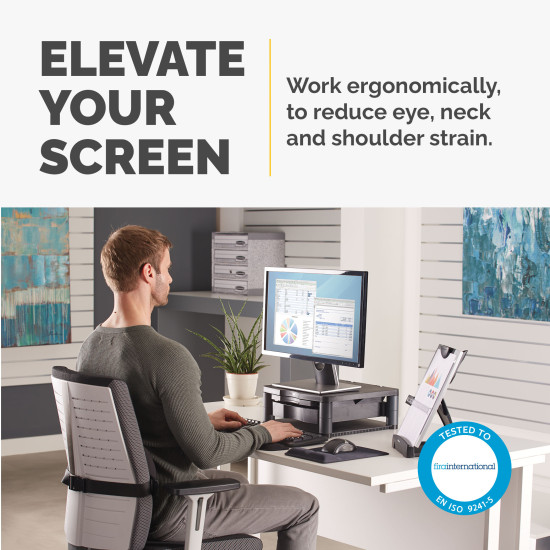 Fellowes Computer Monitor Stand with 3 Height Adjustments - Premium Monitor Riser Plus with Cable Management - Ergonomic Adjustable Monitor Stand for Computers - Max Weight 36KG/Max Size 21" - Graphite Fellowes Computer Monitor Stand with 3 Height Adjustments - Premium Monitor Riser Plus with Cable Management - Ergonomic Adjustable Monitor Stand for Computers - Max Weight 36KG/Max Size 21" - Graphite