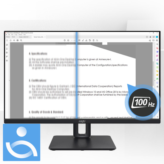 MSI PRO MP245PG 24 Inch Monitor, FHD (1920 x 1080), 100Hz, IPS, 1ms, 1x HDMI 1.4b, 1x DP 1.2a output, 1x D-Sub(VGA), Built-in Speakers, Anti-Glare, Anti-Flicker, Less Blue light, TÜV Certified, VESA, Kensington, 4-way adjustable stand, Black