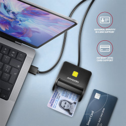 Compact desktop USB contact Smart / ID card reader with long, USB-A cable.