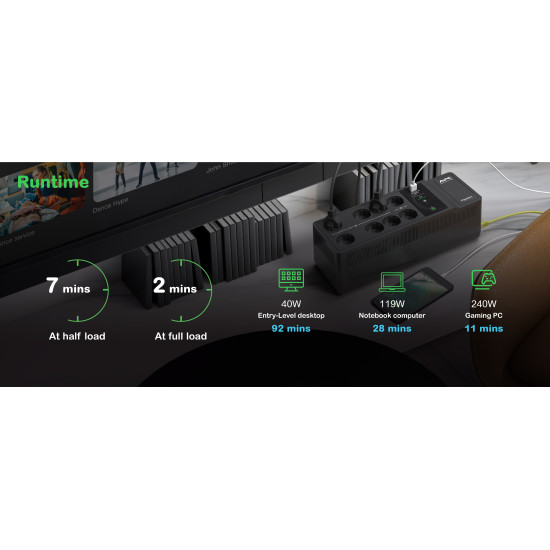 APC Back-UPS, 1050VA/600W Floor/Wall Mount, 230V, 8x Schuko CEE 7/3 outlets, USB Type A+C Port, User Replaceable Battery APC Back-UPS, 1050VA/600W Floor/Wall Mount, 230V, 8x Schuko CEE 7/3 outlets, USB Type A+C Port, User Replaceable Battery