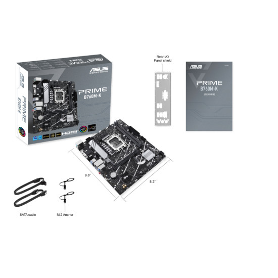 Mainboard|ASUS|Intel B760 Express|LGA1700|Micro-ATX|Memory DDR5|Memory slots 2|2xPCI-Express 4.0 1x|1xPCI-Express 4.0 16x|2xM.2|1x15pin D-sub|1xHDMI|2xUSB 2.0|4xUSB 3.2|1xPS/2|1xRJ45|3xAudio port|PRIMEB760M-K Mainboard|ASUS|Intel B760 Express|LGA1700|Micro-ATX|Memory DDR5|Memory slots 2|2xPCI-Express 4.0 1x|1xPCI-Express 4.0 16x|2xM.2|1x15pin D-sub|1xHDMI|2xUSB 2.0|4xUSB 3.2|1xPS/2|1xRJ45|3xAudio port|PRIMEB760M-K