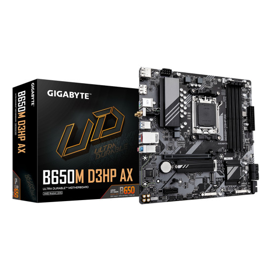 B650M D3HP AX Motherboard - AMD Ryzen 9000 Series CPUs, 5+2+2 Phases VRM, up to 8000MHz DDR5 (OC), 2xPCIe 4.0 M.2, WIFI 6E, 2.5GbE LAN, USB 3.2 Gen 1 B650M D3HP AX Motherboard - AMD Ryzen 9000 Series CPUs, 5+2+2 Phases VRM, up to 8000MHz DDR5 (OC), 2xPCIe 4.0 M.2, WIFI 6E, 2.5GbE LAN, USB 3.2 Gen 1
