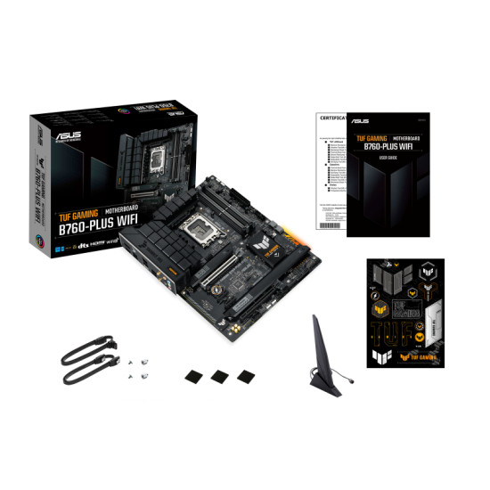 Mainboard|ASUS|Intel B760 Express|LGA1700|ATX|Memory DDR5|Memory slots 4|2xPCI-Express 3.0 1x|1xPCI-Express 3.0 16x|1xPCI-Express 5.0 16x|3xM.2|1xHDMI|1xDisplayPort|1xUSB 2.0|4xUSB 3.2|1xUSB-C|1xOptical S/PDIF|1xRJ45|5xAudio port|TUFGAMINGB760-PLUSWIFI Mainboard|ASUS|Intel B760 Express|LGA1700|ATX|Memory DDR5|Memory slots 4|2xPCI-Express 3.0 1x|1xPCI-Express 3.0 16x|1xPCI-Express 5.0 16x|3xM.2|1xHDMI|1xDisplayPort|1xUSB 2.0|4xUSB 3.2|1xUSB-C|1xOptical S/PDIF|1xRJ45|5xAudio port|TUFGAMINGB760-PLUSWIFI
