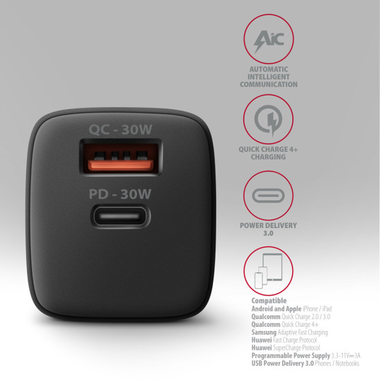 Axagon ACU-PQ30 Ladegerät QC3.0, 4.0/AFC/FCP/PPS/Apple+ PD USB-C, 30W - schwarz - Kompaktes Ladegerät - 1x USB-C und 1x USB-A Mobile phone, Smartphone, Smartwatch, Tablet, Universal Black AC Fast charging Indoor Axagon ACU-PQ30 Ladegerät QC3.0, 4.0/AFC/FCP/PPS/Apple+ PD USB-C, 30W - schwarz - Kompaktes Ladegerät - 1x USB-C und 1x USB-A Mobile phone, Smartphone, Smartwatch, Tablet, Universal Black AC Fast charging Indoor