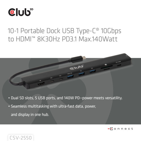 10-1 Portable Dock USB Type-C® 10Gbps to HDMI™ 8K30Hz PD3.1 Max.140Watt 10-1 Portable Dock USB Type-C® 10Gbps to HDMI™ 8K30Hz PD3.1 Max.140Watt
