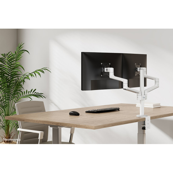 NEOMOUNTS SCREEN DESK MOUNT FOR TWO MONITORS, WHITE (CLAMP+GROMMET)