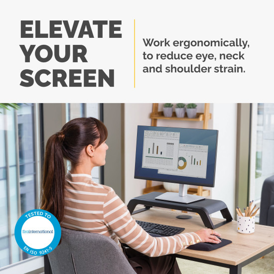 Fellowes Computer Monitor Stand with 3 Height Adjustments - Hana LT Monitor Riser - Ergonomic Adjustable Monitor Stand for Computers - Max Weight 22.6KG - Black Fellowes Computer Monitor Stand with 3 Height Adjustments - Hana LT Monitor Riser - Ergonomic Adjustable Monitor Stand for Computers - Max Weight 22.6KG - Black